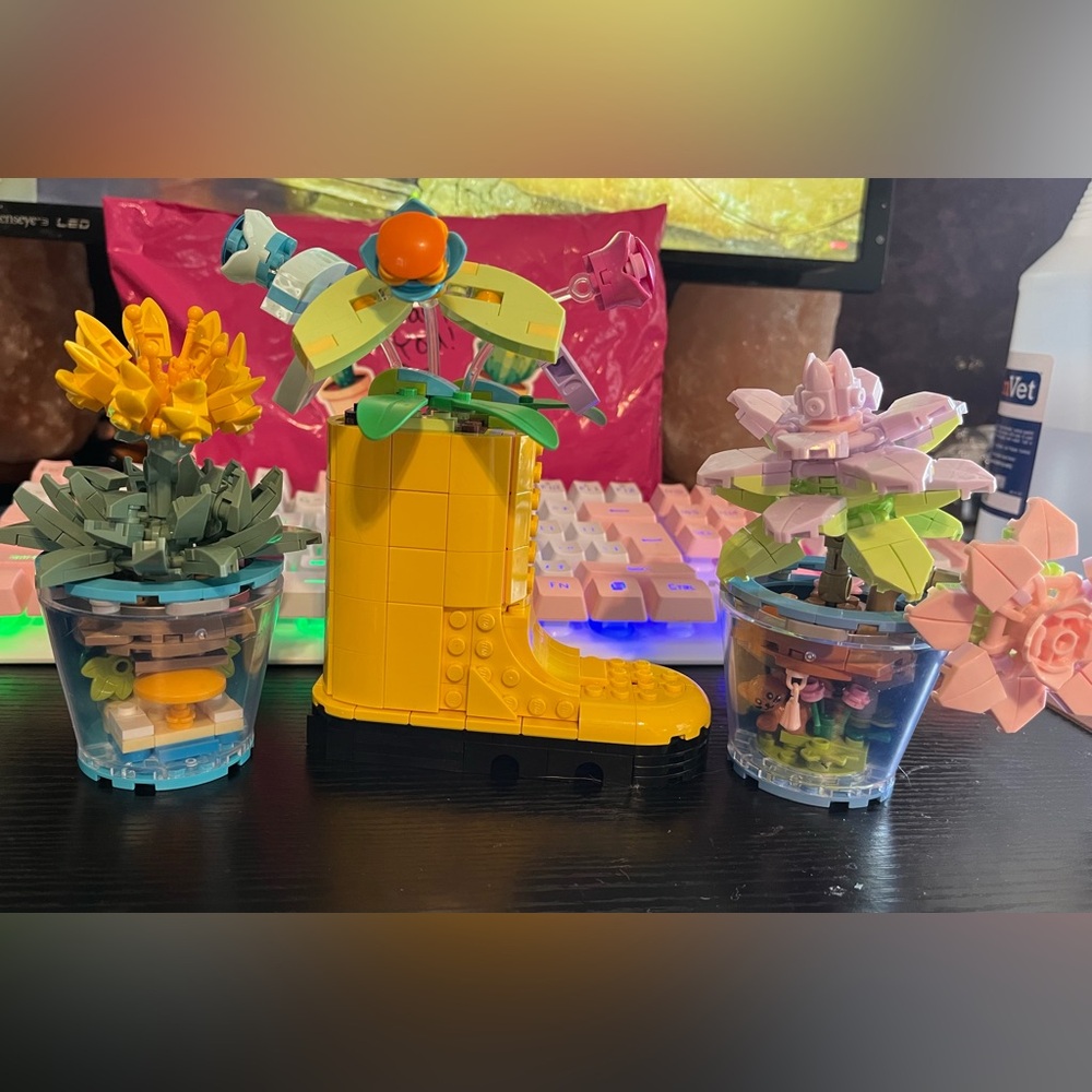 Colorful LEGO Block Boot Planter and 2 block flower sets with transparent bases